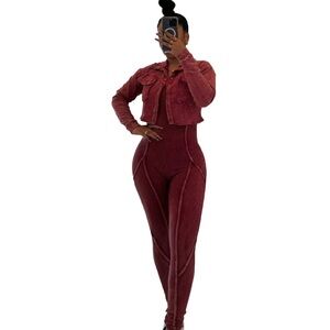 Chic Ribbed Jumpsuit with Cropped Jacket Set -(burgundy)